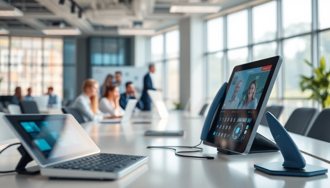 Showcasing remote call control technology in a modern office environment, promoting seamless communication.
