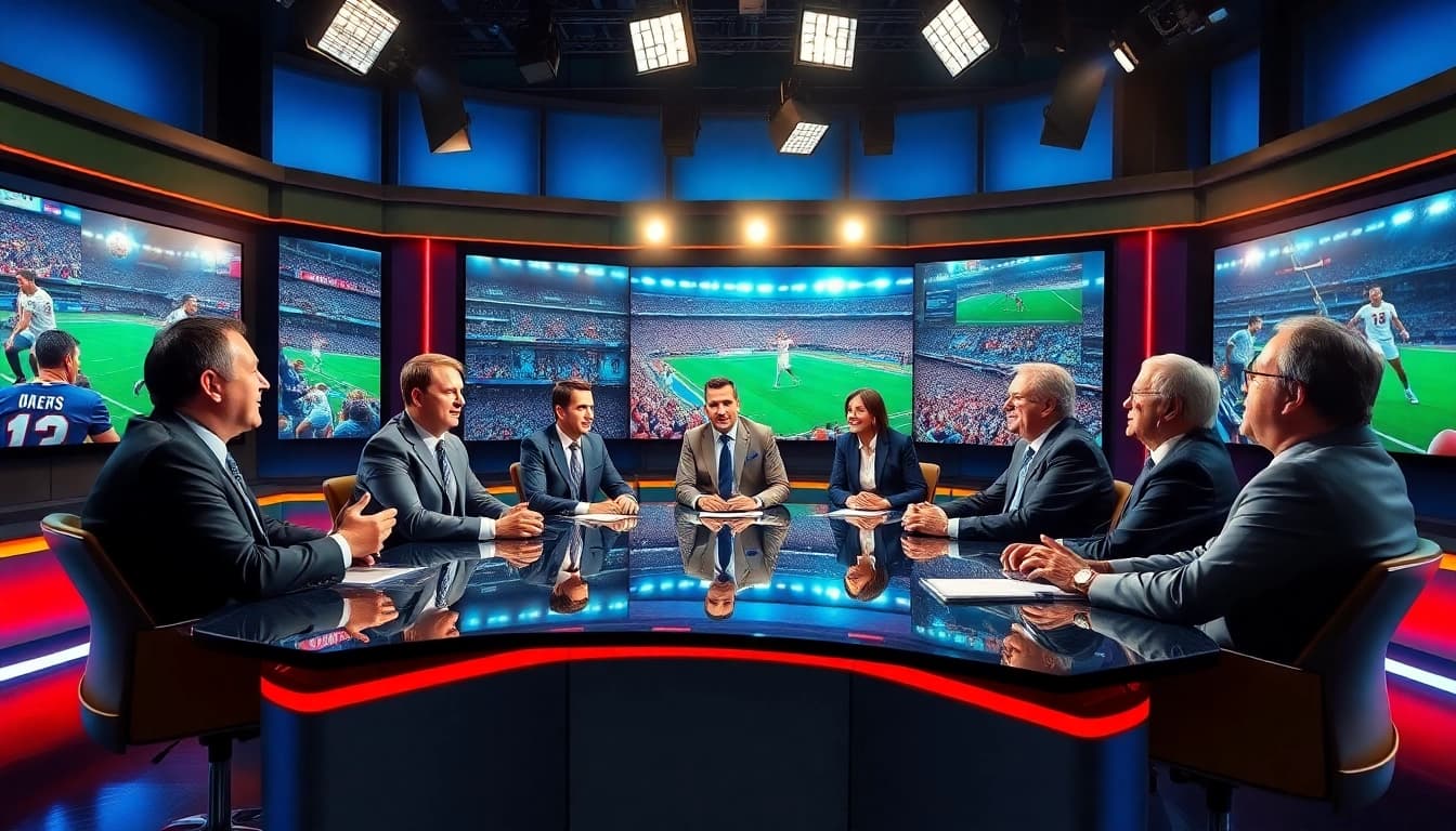Engaging sports broadcasting panel discussing live events in a vibrant studio setting.