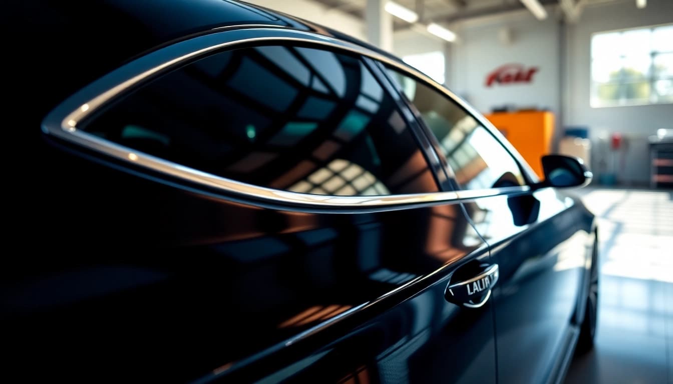 Enhance your vehicle with window tint near me, showcasing a sleek car in a sunlit garage.