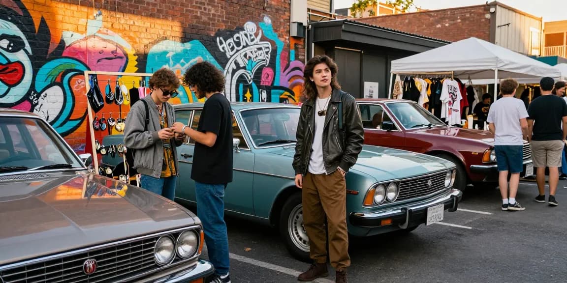 Stylish urban fashion scene featuring rokok88 styles amidst vintage cars and street art