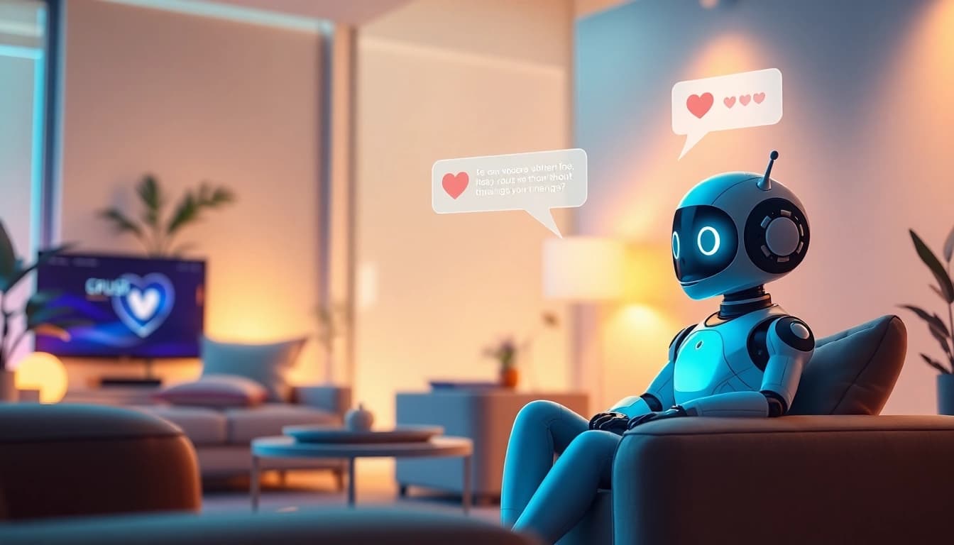 Engaging scene of a user communicating with Crush on AI in a cozy, modern living room setting.