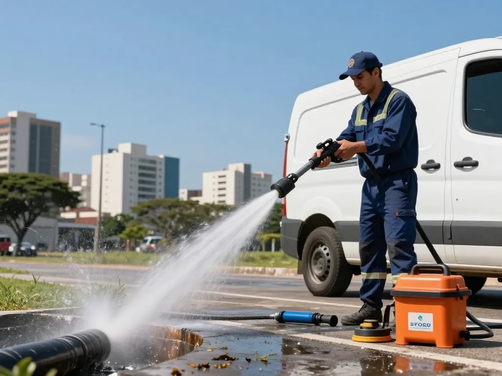 Limpa fossa em São Paulo, technician cleaning sewer with high-pressure jetting machine in urban setting.