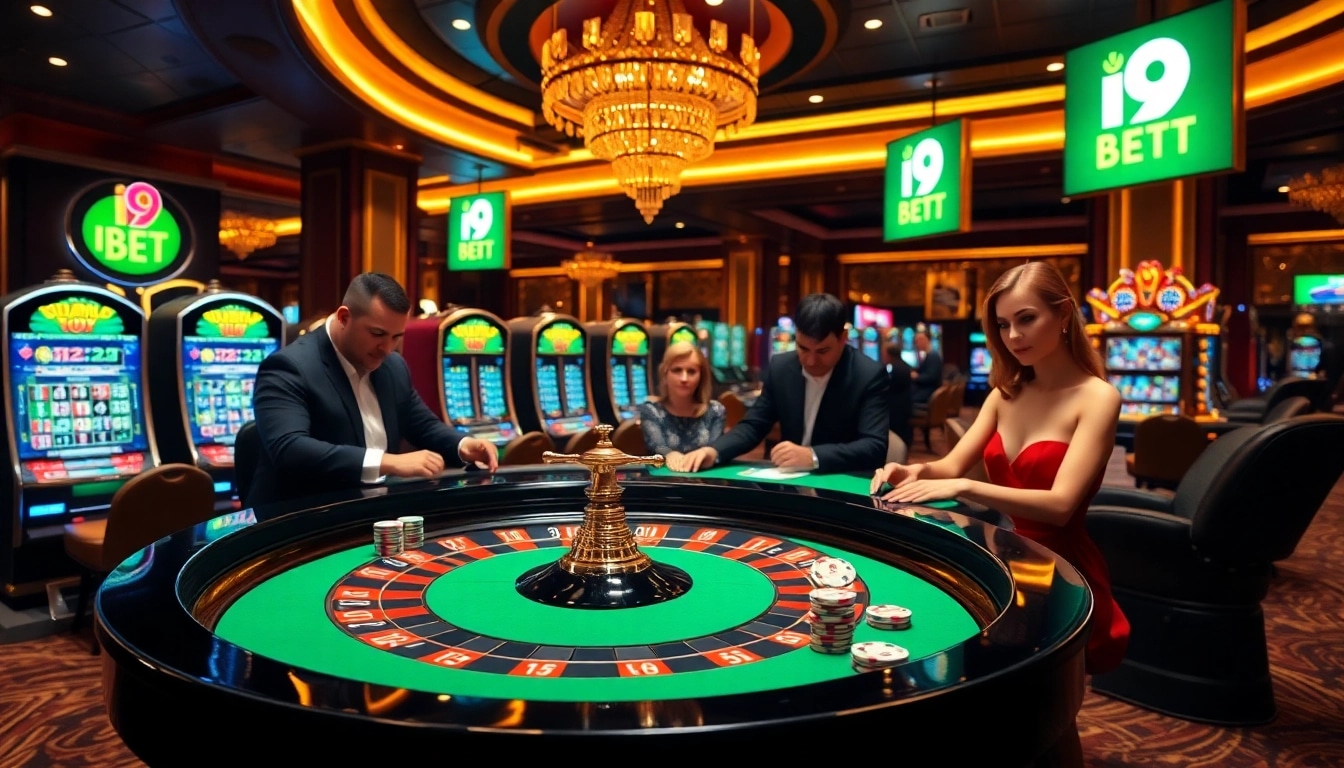 I9 BET casino scene with a roulette table and colorful poker chips.