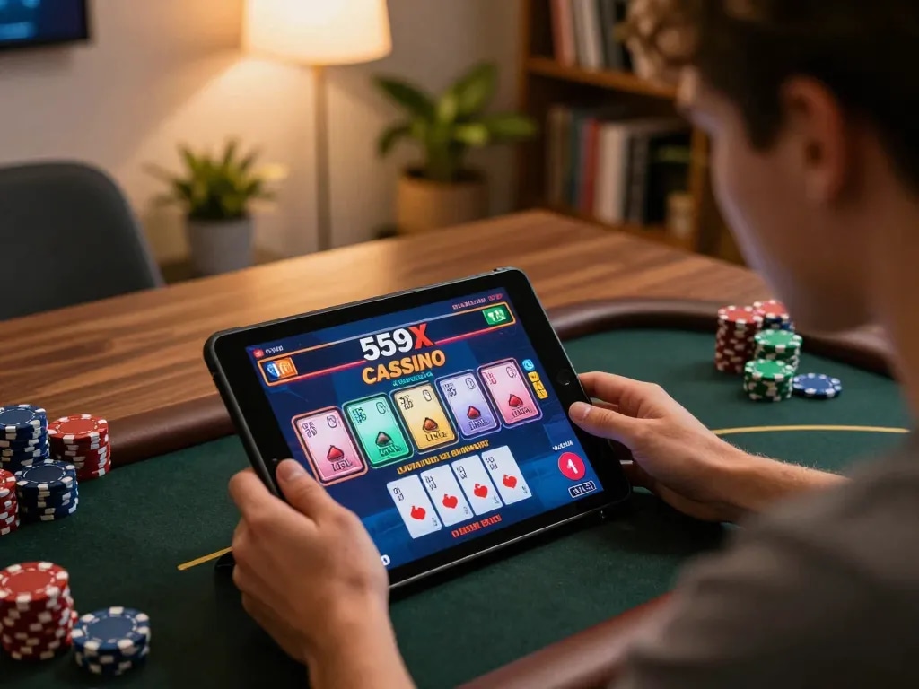 Engaging in gameplay on 559X Cassino through a tablet at home, showcasing strategic focus.