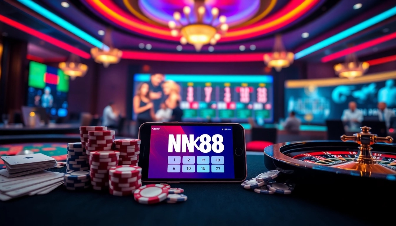 Engaging online gambling experience with NK88 app interface and casino elements.
