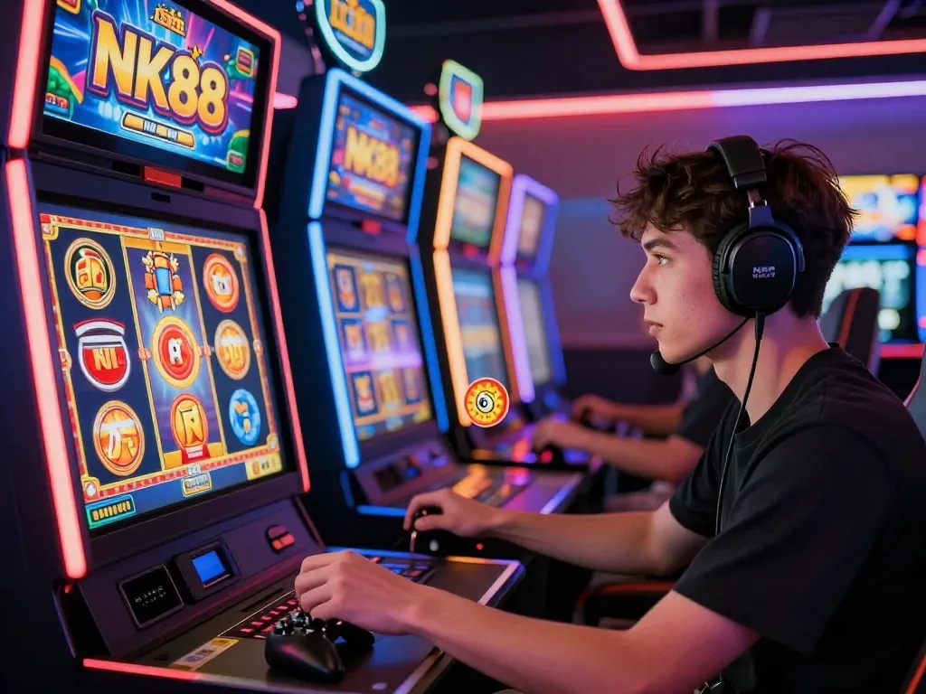 Engaged player at NK88 nổ hủ online casino, colorful slot machines glowing, dynamic gaming atmosphere.