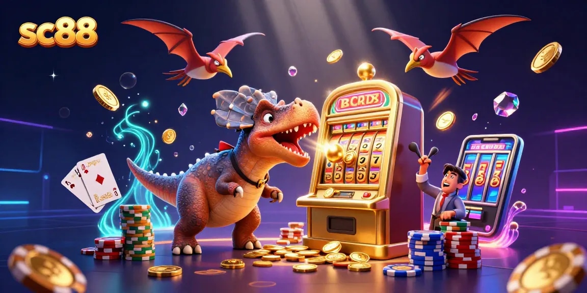 Engaging SC88 scene with cartoon dinosaurs and golden slot machine jackpots.