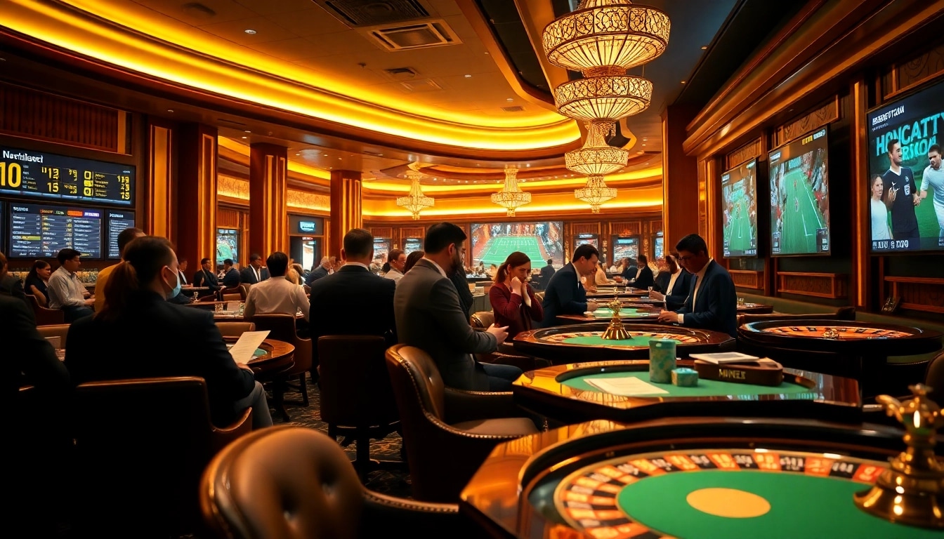 KEO NHACAI sports betting scene with excited players discussing strategies at a luxurious casino.