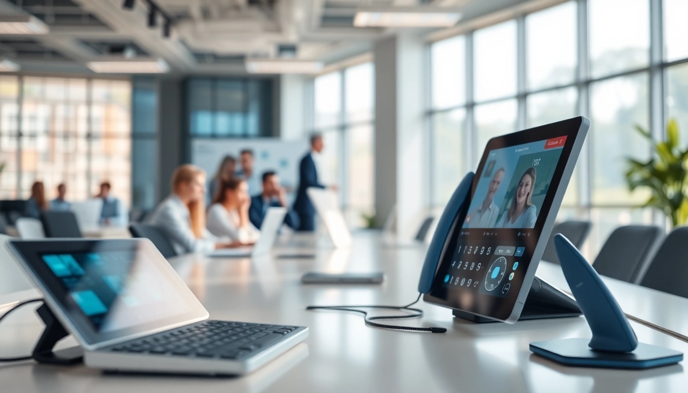 Showcasing remote call control technology in a modern office environment, promoting seamless communication.