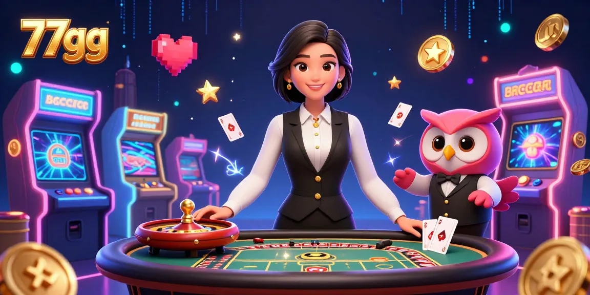 Experience thrilling gaming action with 77gg's vibrant online casino scene featuring dealers and games.
