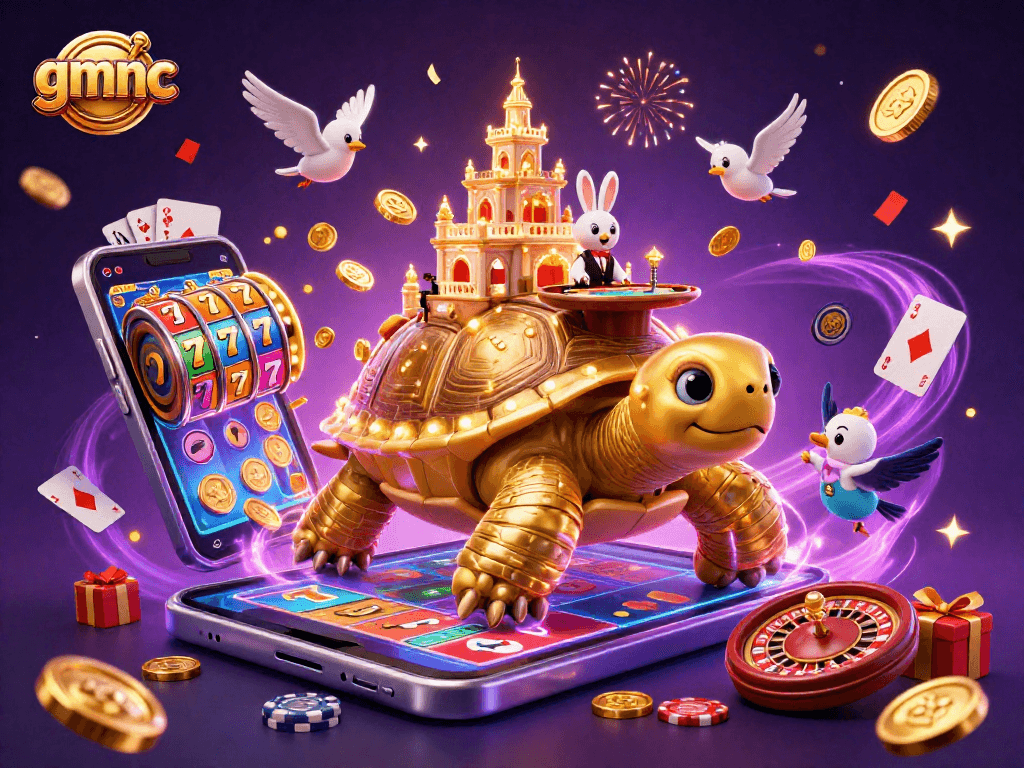 Play thrilling slots with gmnc, featuring a golden tortoise casino, a rabbit dealer, and festive golden coins.