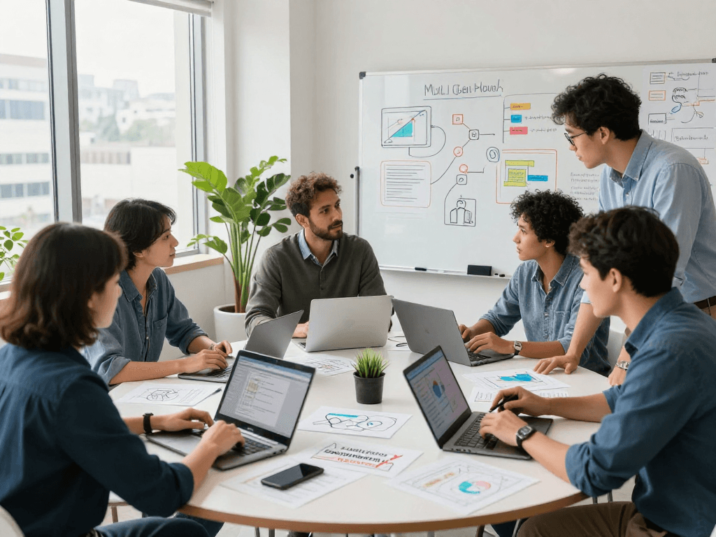 Profissionais discutindo estratégias multicanais em um ambiente de trabalho moderno e iluminado.
