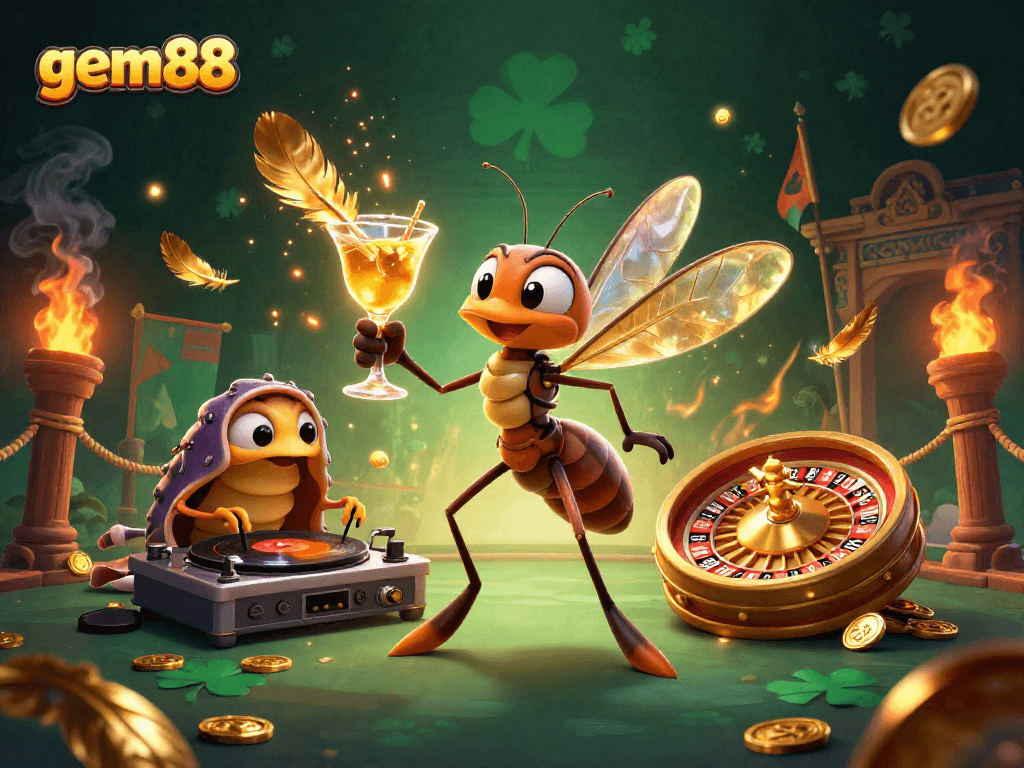 Experience gem88's vibrant gambling scene with a 3D mosquito mascot and trilobite DJ action.