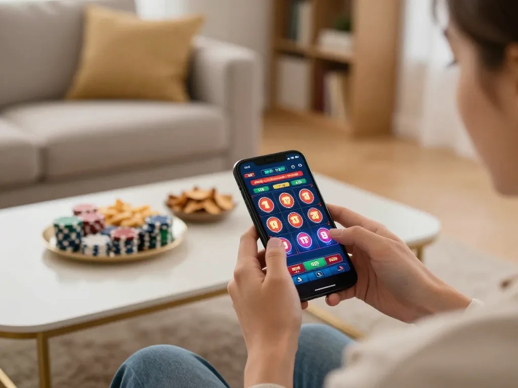 Person engaging with 99ok online casino app on smartphone, showcasing vibrant gameplay.