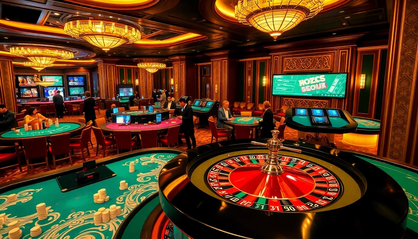Exciting hb88 link casino scene with players at the roulette table, showcasing luxury gambling.