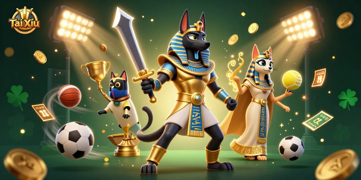 Experience thrilling Tài Xỉu with a dynamic 3D illustration of Anubis and Bastet amid gambling excitement.