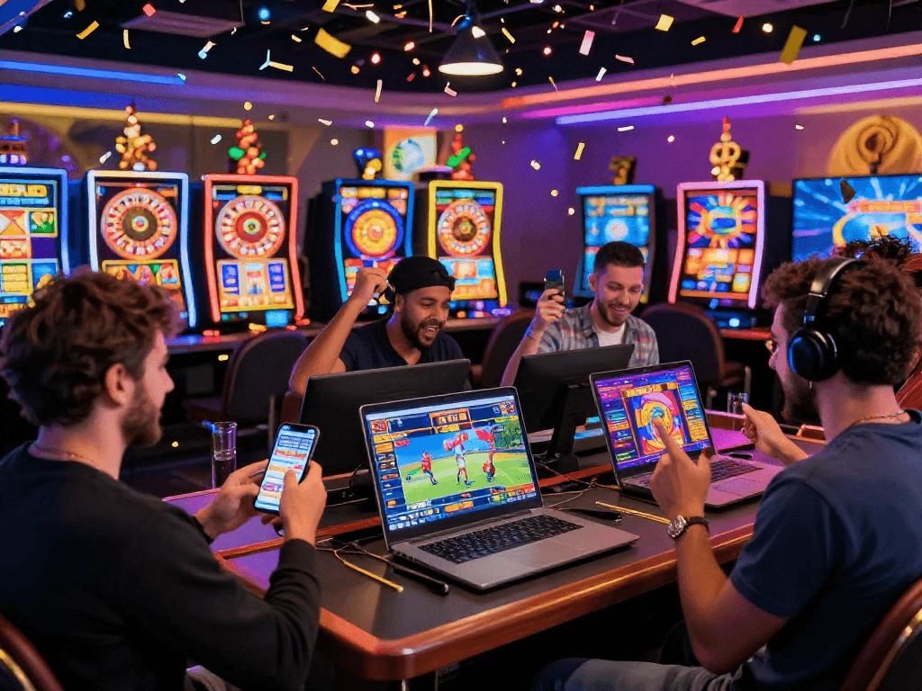 Jogadores em festa na SPBET, celebrando vitórias com jogos online e animações vibrantes.