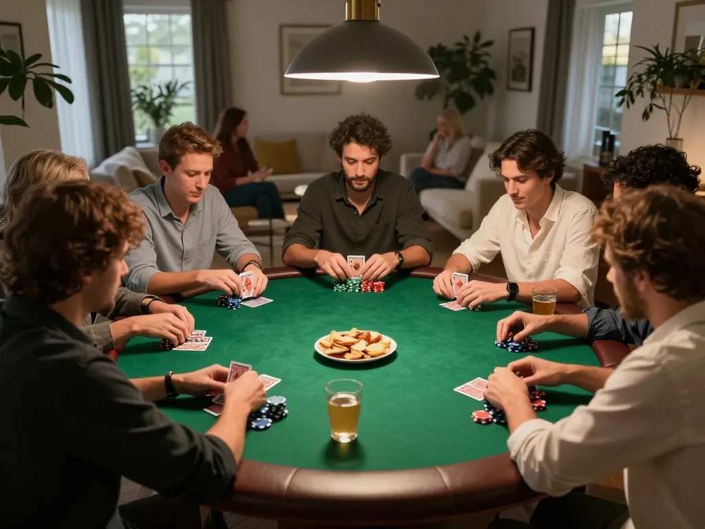 Players enjoy a lively home poker game using MK8 strategies while enjoying snacks and drinks.