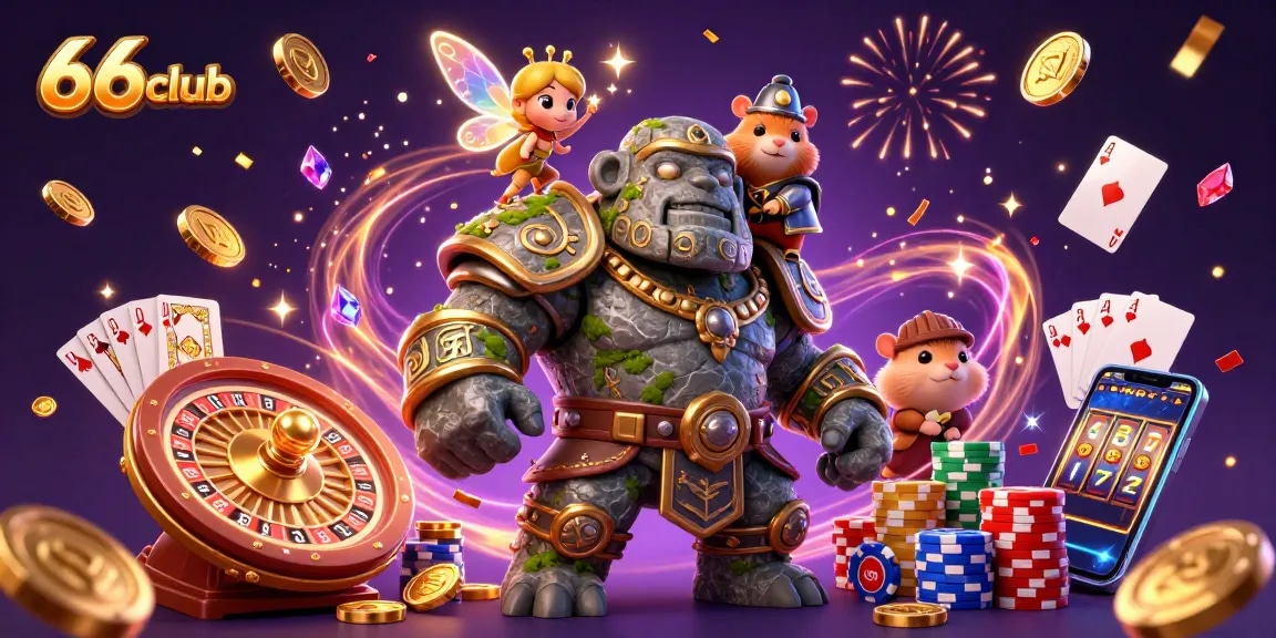 Experience thrilling gameplay at 66club with a vibrant 3D casino scene featuring exciting elements like cascades of coins and dynamic gaming gear.