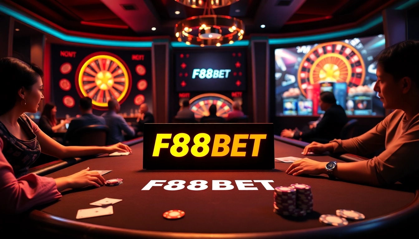 Experience the thrill of gaming at F88BET's vibrant casino tables with roulette wheels and poker chips.