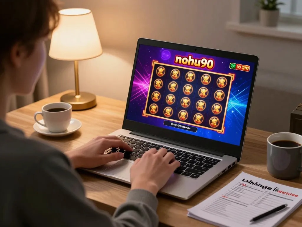 Engaging with nohu90's online casino games from home, showcasing vibrant slot graphics.