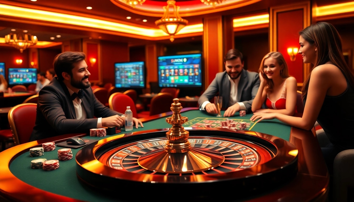 Experience the thrill of gambling at sunwin's luxurious casino table with roulette and poker games.