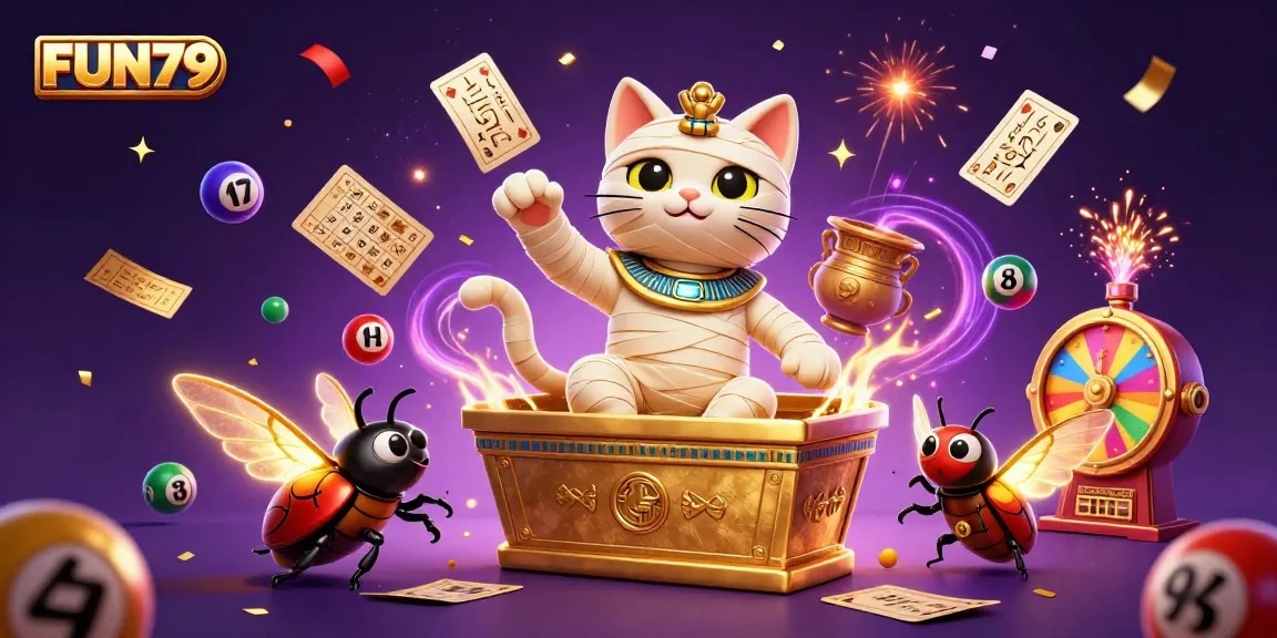 Experience endless fun with FUN79 as a lively Egyptian mummy cat bursts from a sarcophagus while colorful lottery balls dance.