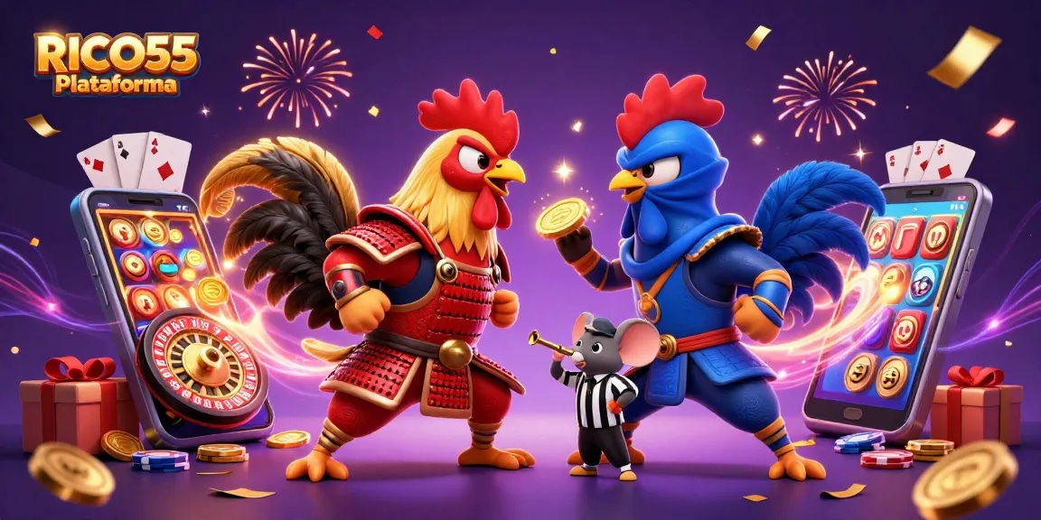 Engage with RICO55 Plataforma through an epic rooster showdown amid vivid casino elements.