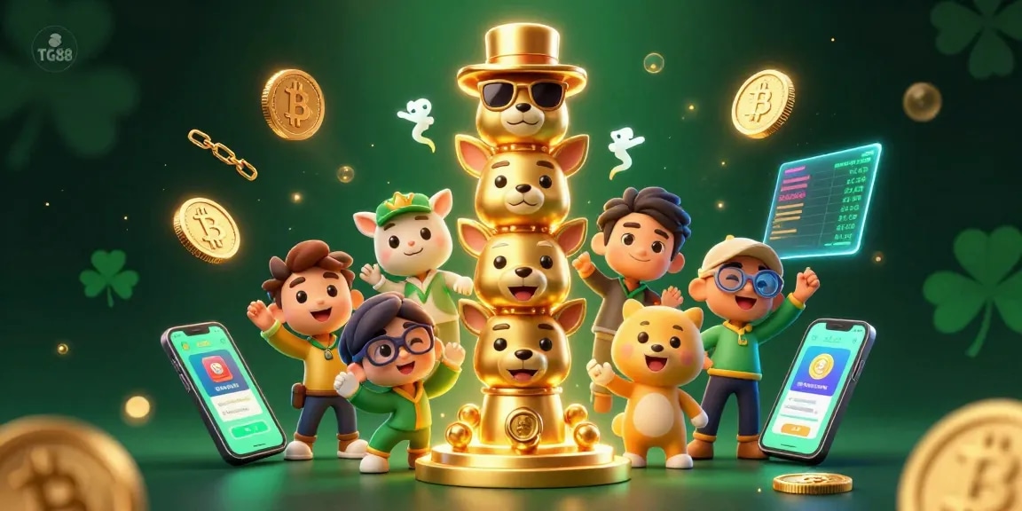 Engage with TG88's vibrant 3D casino illustration, showcasing dynamic gambling elements and crypto treasures.