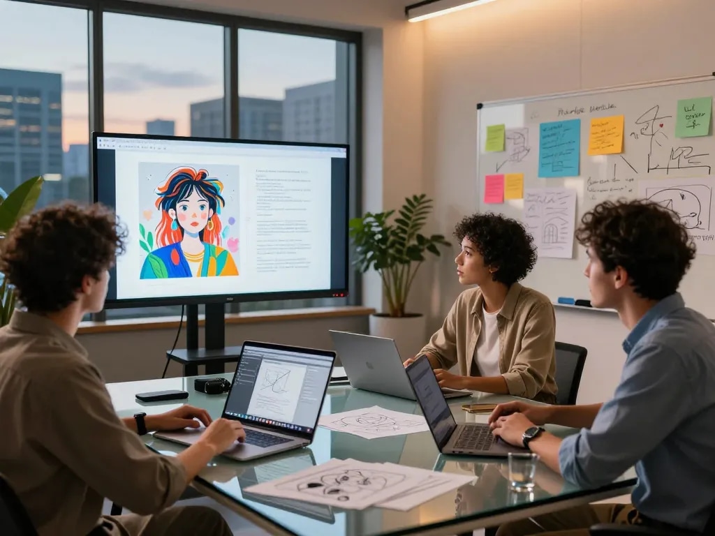 Group brainstorming session demonstrating crush on ai concepts with digital art and collaboration.