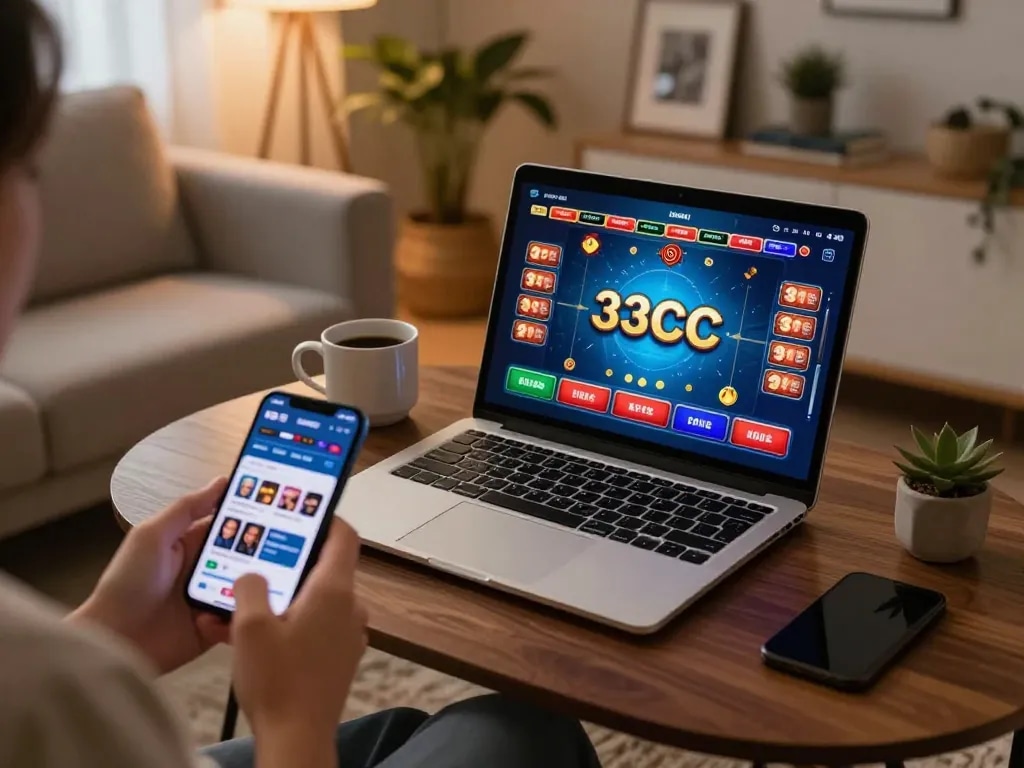 Engaging scene of online gaming with 33CC game interface showing responsible gaming practices in a cozy environment.