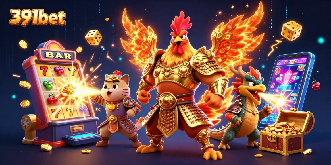 Experience the thrill of 391bet with exciting gaming elements and action-packed characters in a vibrant casino scene.