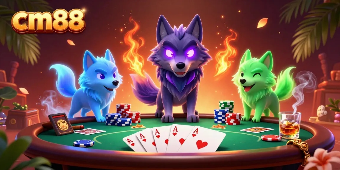 Engage with cm88 in this vibrant 3D poker scene featuring spectral wolf characters and dynamic casino elements.