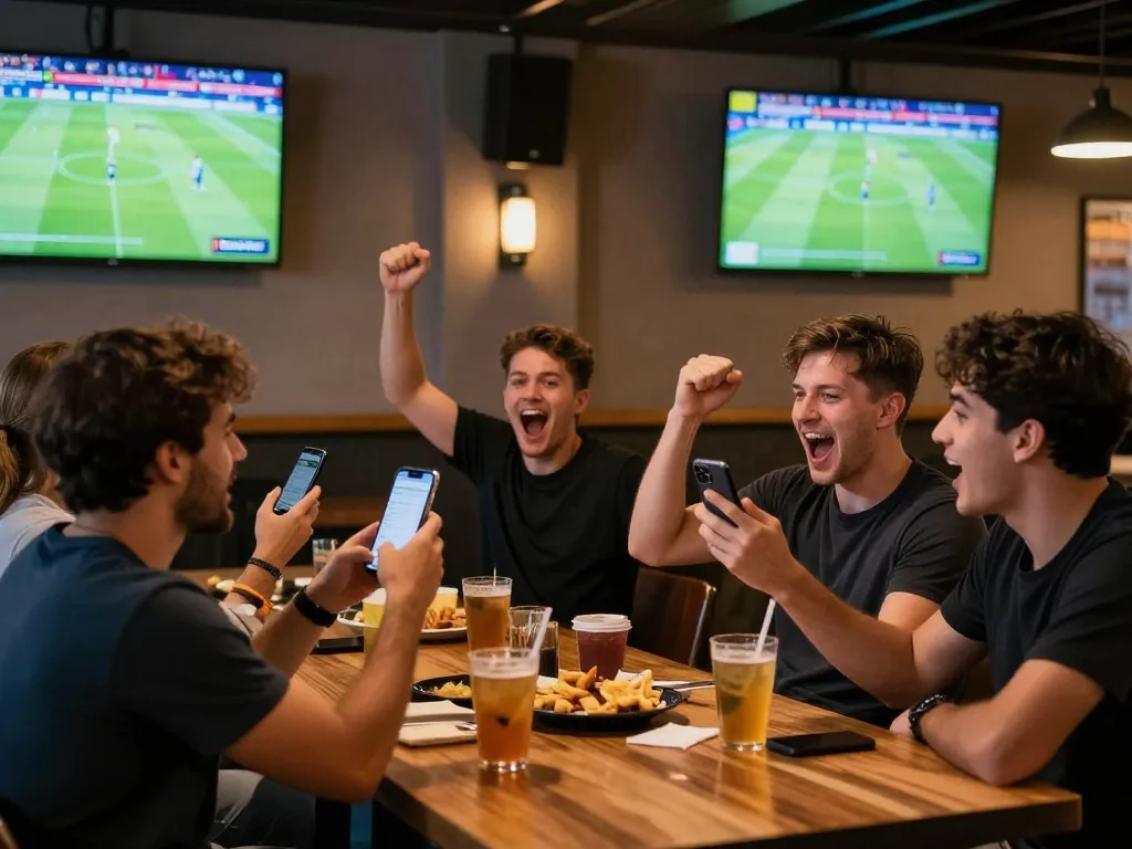 Socolive fans engaged in live betting while watching soccer matches in a lively sports bar atmosphere.