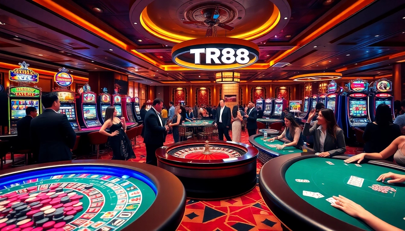 Players enjoying a lively TR88 casino atmosphere with vibrant machines and engaging tables.