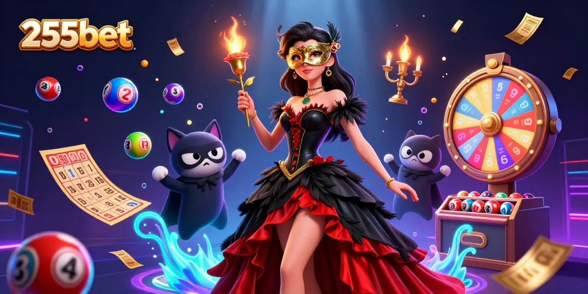 Jogue e ganhe na 255bet com elementos dinâmicos de loteria e jackpots em uma cena vibrante de cassino.