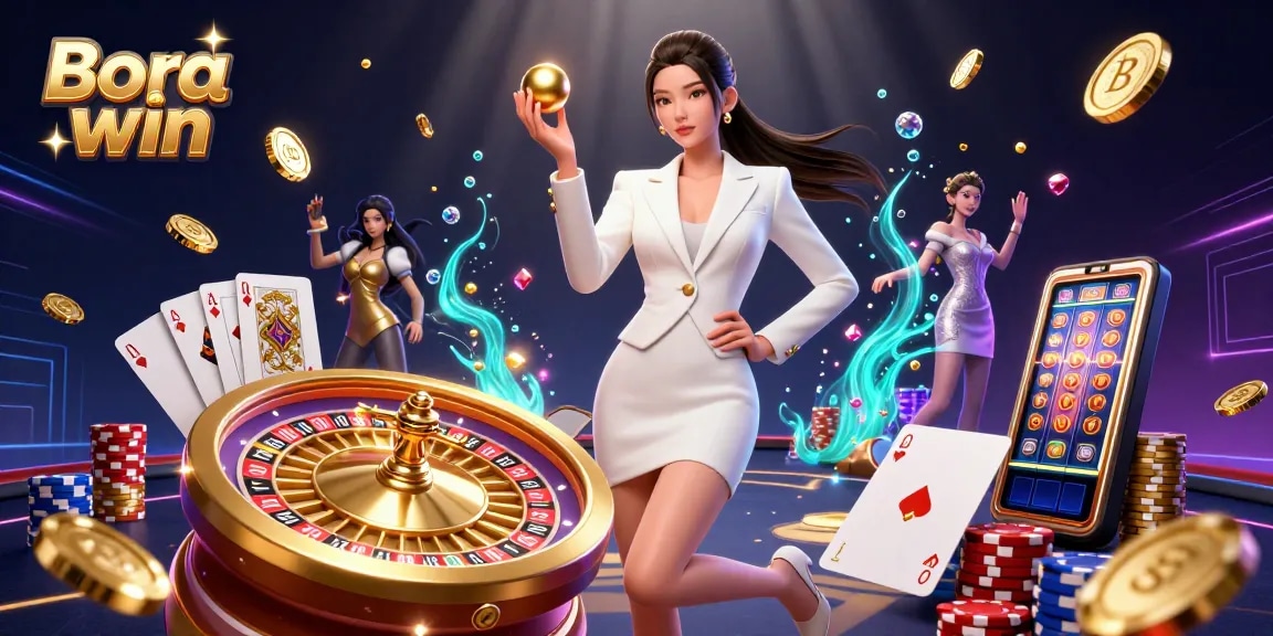 Slots da Bora win e ação de cassino ao vivo apresentando uma mulher confiante em um smoking, bola de roleta dourada e elementos vibrantes de jogos.