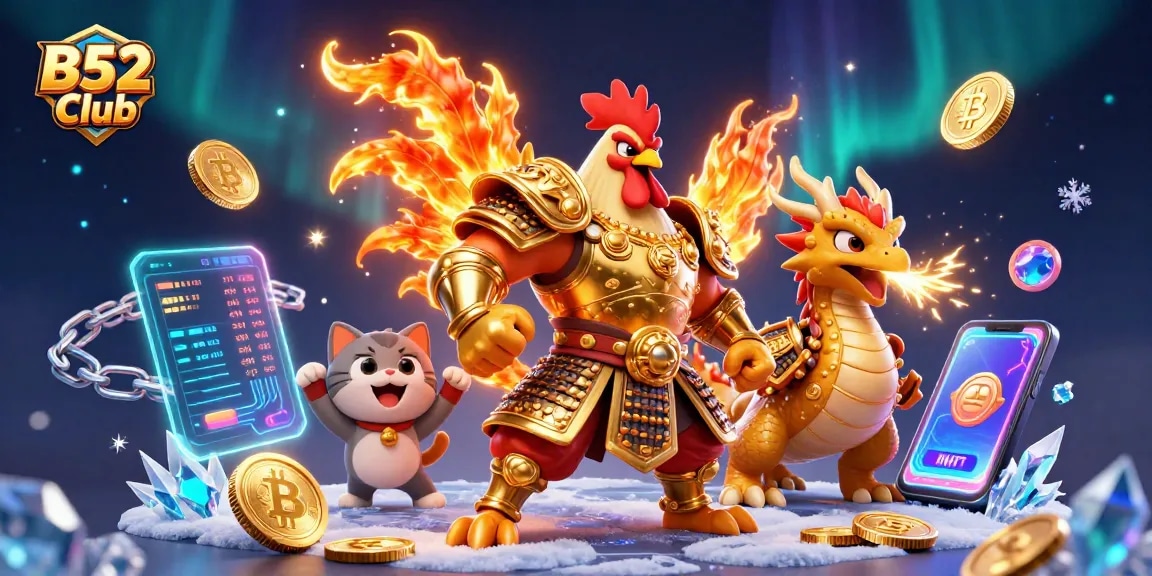 B52 Club promotes exciting gaming with a powerful rooster warrior and dragon enjoying crypto-themed elements.