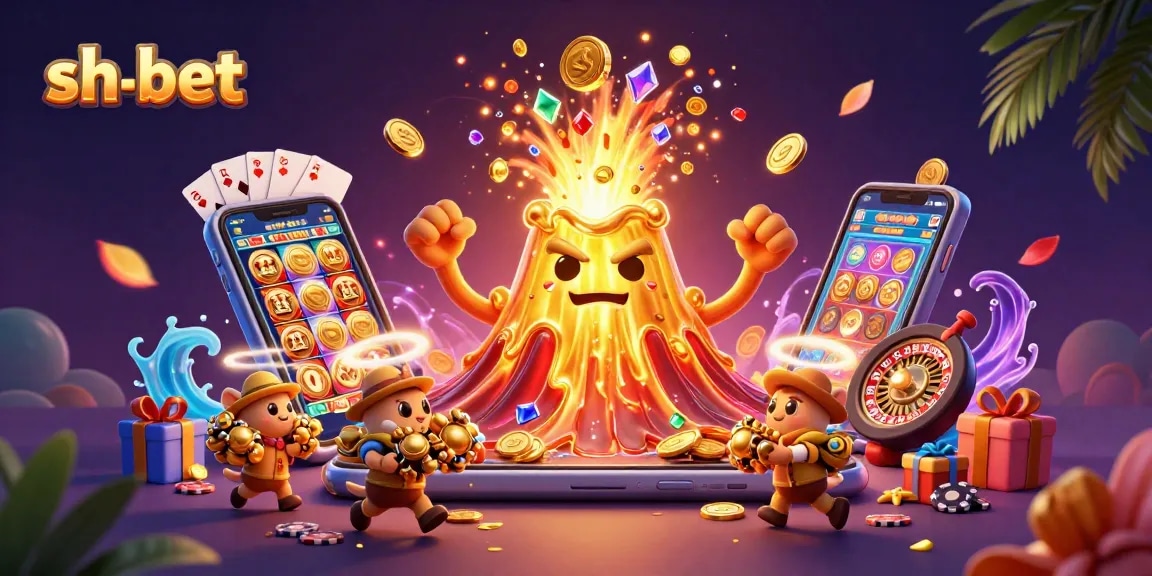 Experience thrilling wins with sh-bet as the volcano erupts with coins and treasures amidst colorful casino elements.