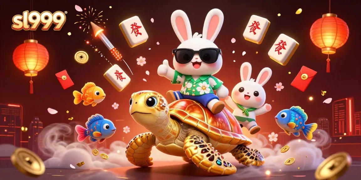 Sl999 e um coelho sortudo em um mundo de jogos, rodeado de elementos de cassino vibrantes.