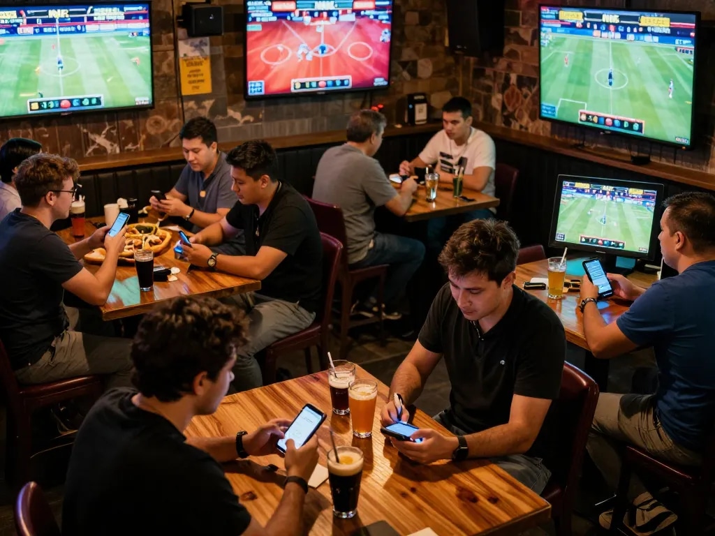 Betting excitement on NK888 at a bustling sports bar with patrons engaging and placing wagers.