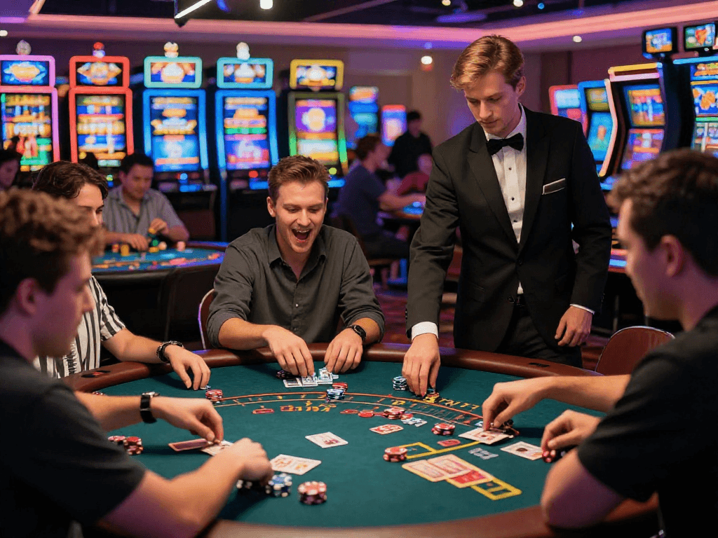 Exciting gaming atmosphere at https://vin88-casino.games/ with players engaged at poker and blackjack tables.