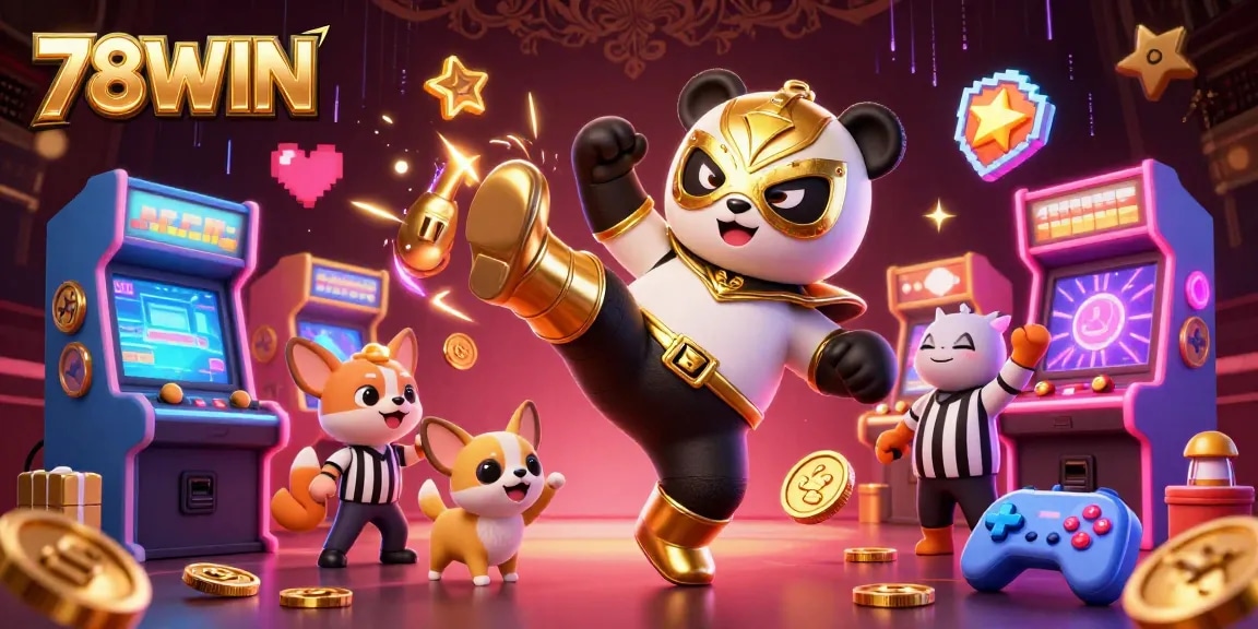 Enter the thrilling world of 78WIN where a wrestler panda and referee chihuahua celebrate with a crowd amid vibrant casino gaming elements.