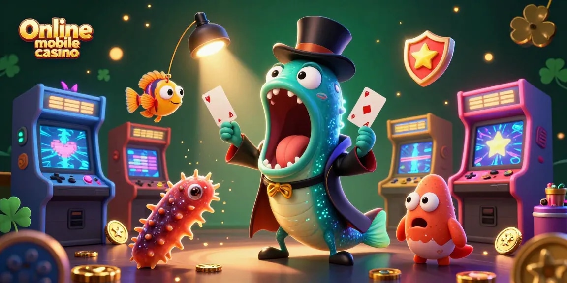 Experience the excitement of online mobile casino with 3D cartoon characters performing magic tricks.
