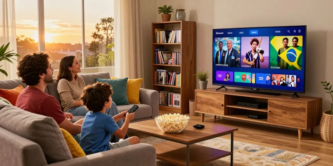 Família assistindo IPTV no sofá, destacando o bestbraziliptv em um ambiente acolhedor.