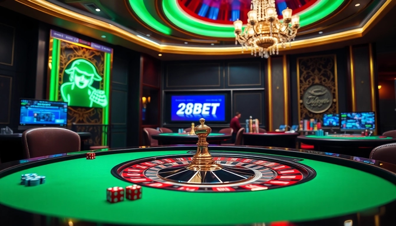 Experience excitement at 28BET with vibrant casino elements including poker chips and roulette wheels.
