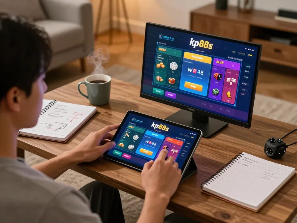 Engaging moment of a user interacting with kp88s gambling platform on tablet in a cozy living room.