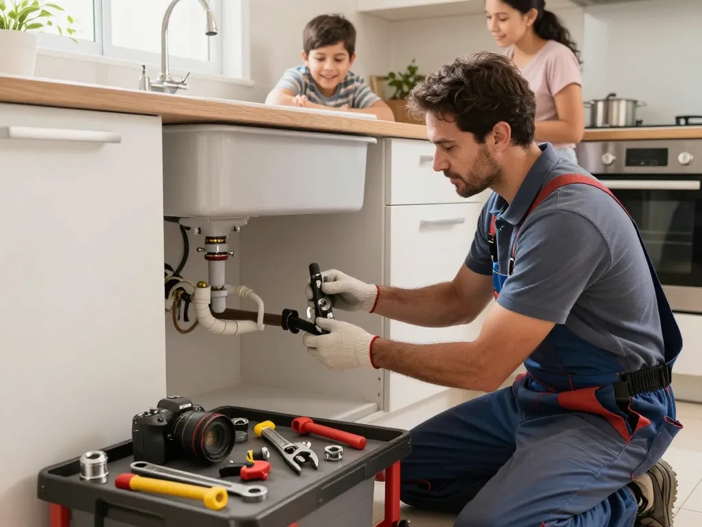Encanador em São Paulo expertly installing PEX piping in a modern kitchen, showcasing professionalism and home improvement