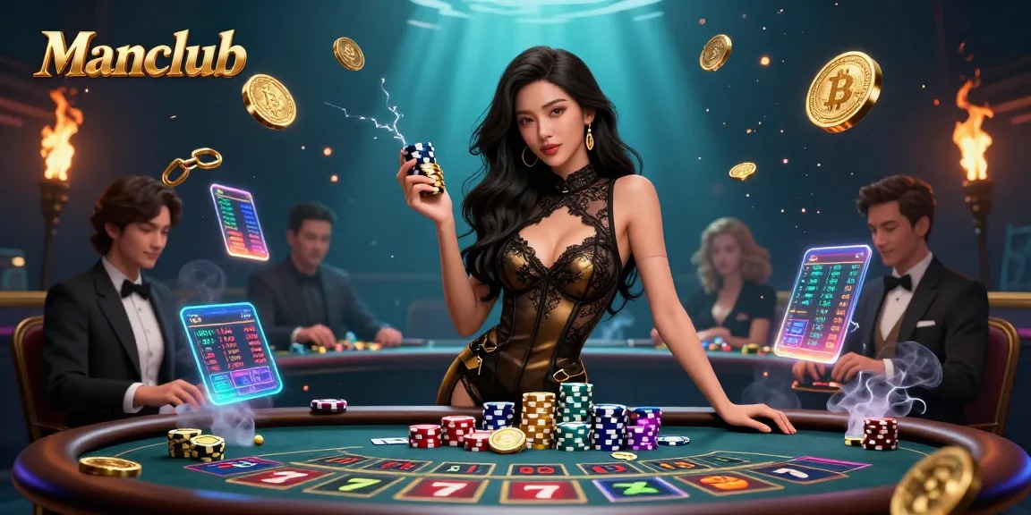 Experience high-stakes baccarat action at Manclub with golden chips and glowing cryptocurrency elements.