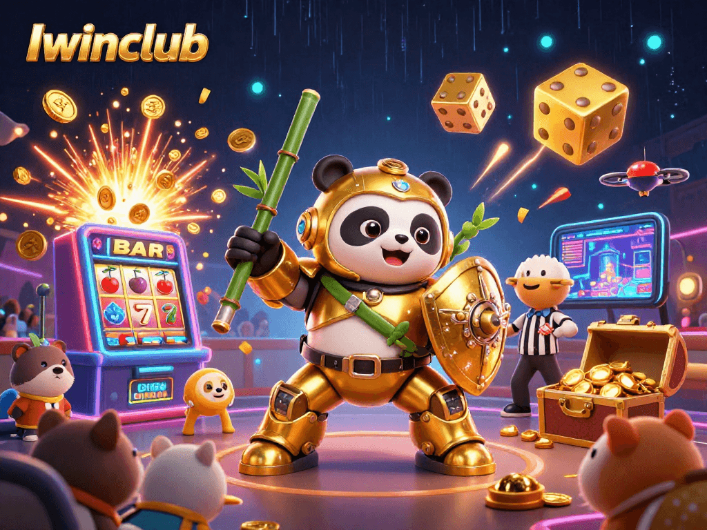 Iwinclub showcases a vibrant 3D casino scene with a mech-suit panda celebrating a jackpot